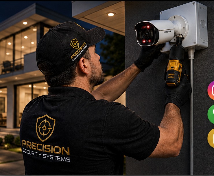 Precision Security Systems technician installing a modern security camera with a junction box at a property